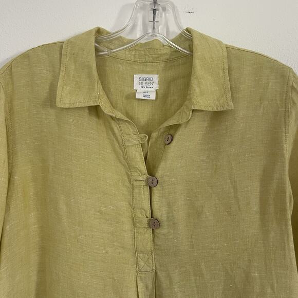 SIGRID OLSEN 100% Linen Tunic Blouse Roll Tab Slv. Citrine Yellow Natural Small‎ - Picture 2 of 9